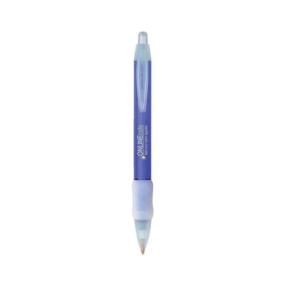 A blue plastic pen with a clear barrel and a grip, featuring branding on the side.