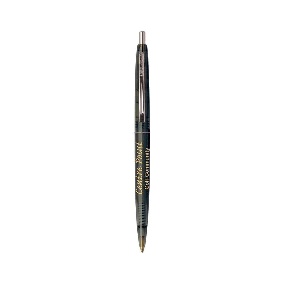 A green plastic pen with a click mechanism, featuring a logo on its barrel.