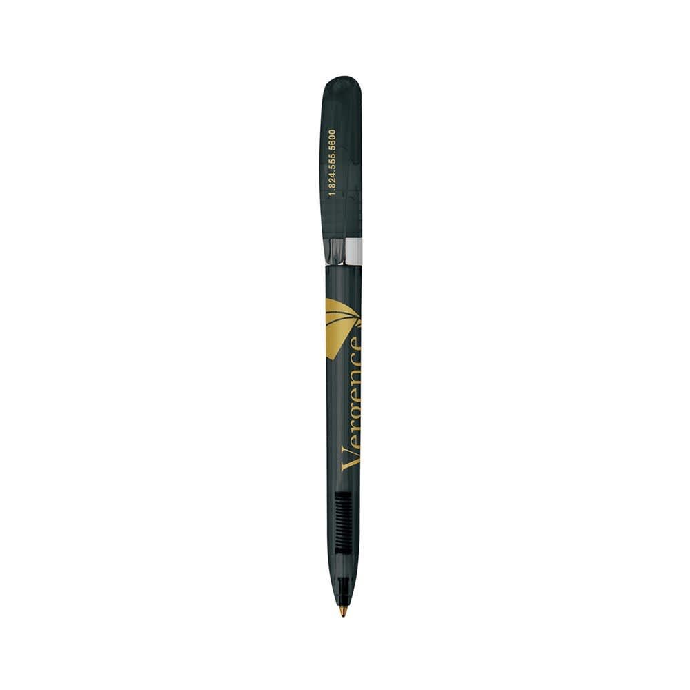 A green metal pen with a pointed tip and a logo on the barrel.