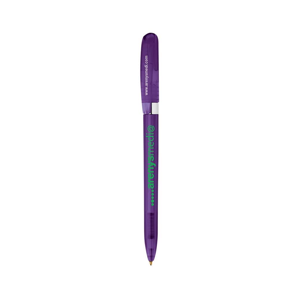A purple metal pen with a transparent chrome barrel and a branding logo.
