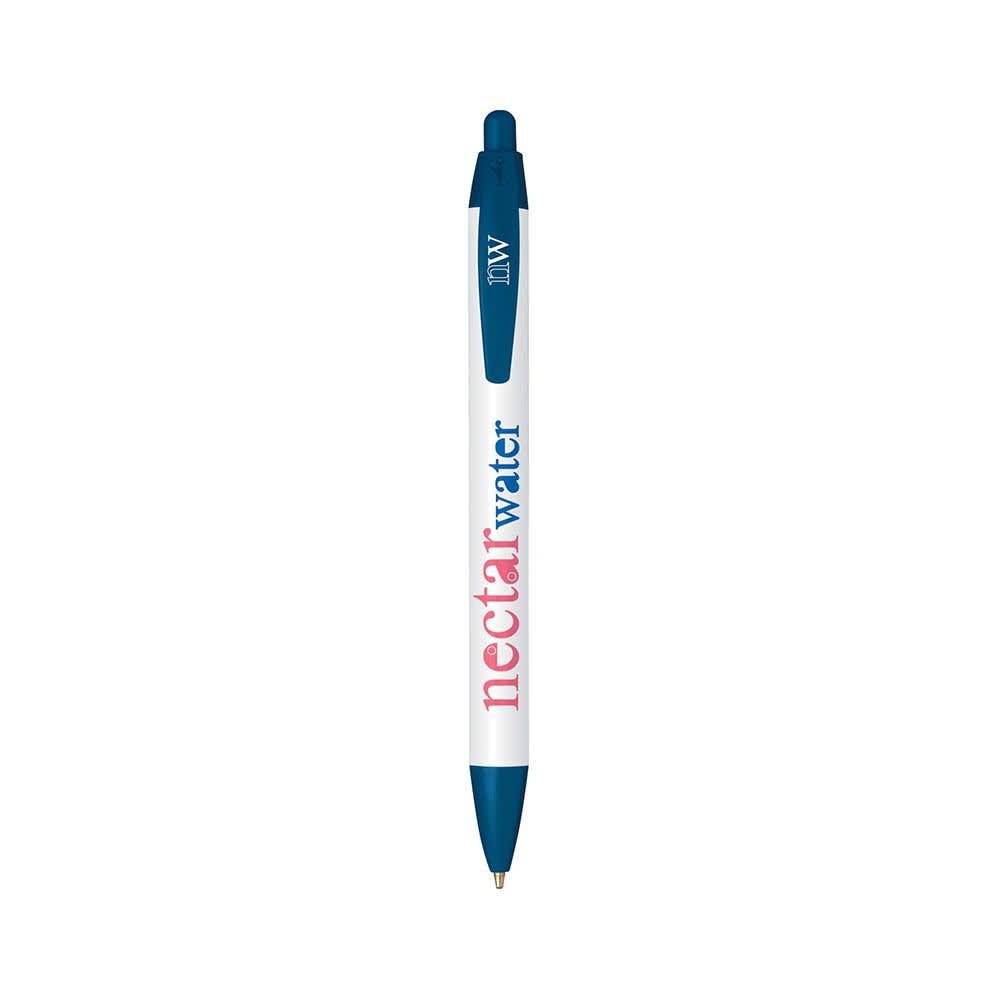 A blue and white Eco Widebody Pen with a logo, featuring a click top and a smooth barrel for writing.