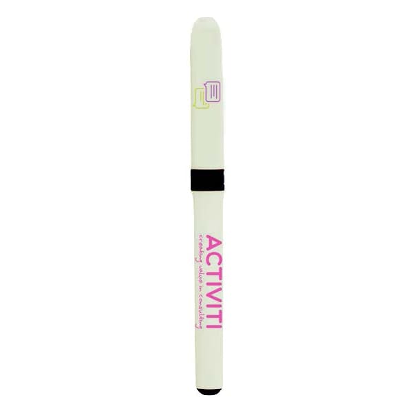 A white pen with a black grip and branding, designed for writing.