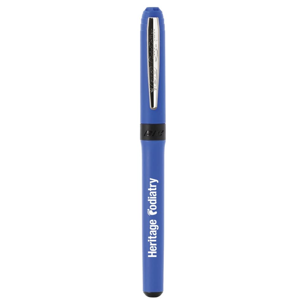 A blue pen with a silver clip and a logo on the side, designed for writing.