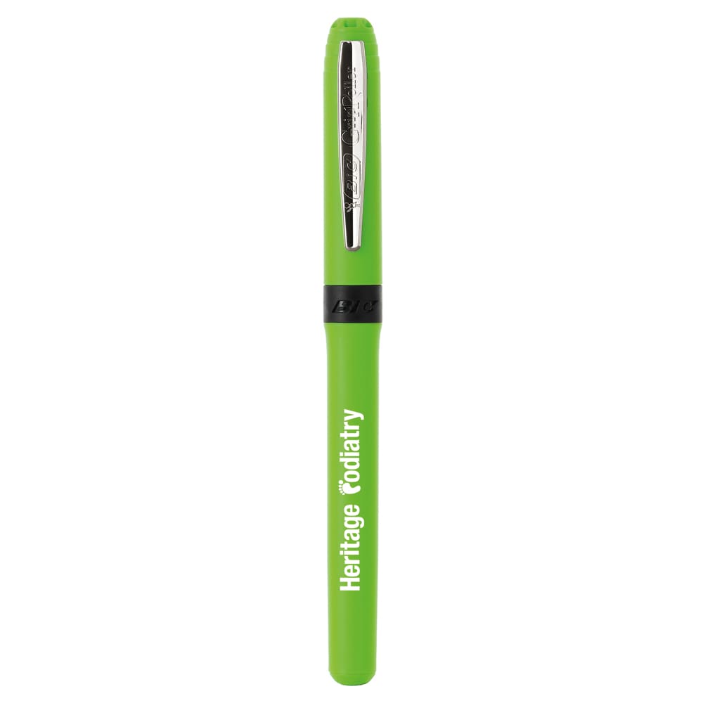 A green pen with a black grip and a silver nib, featuring branding on the barrel.