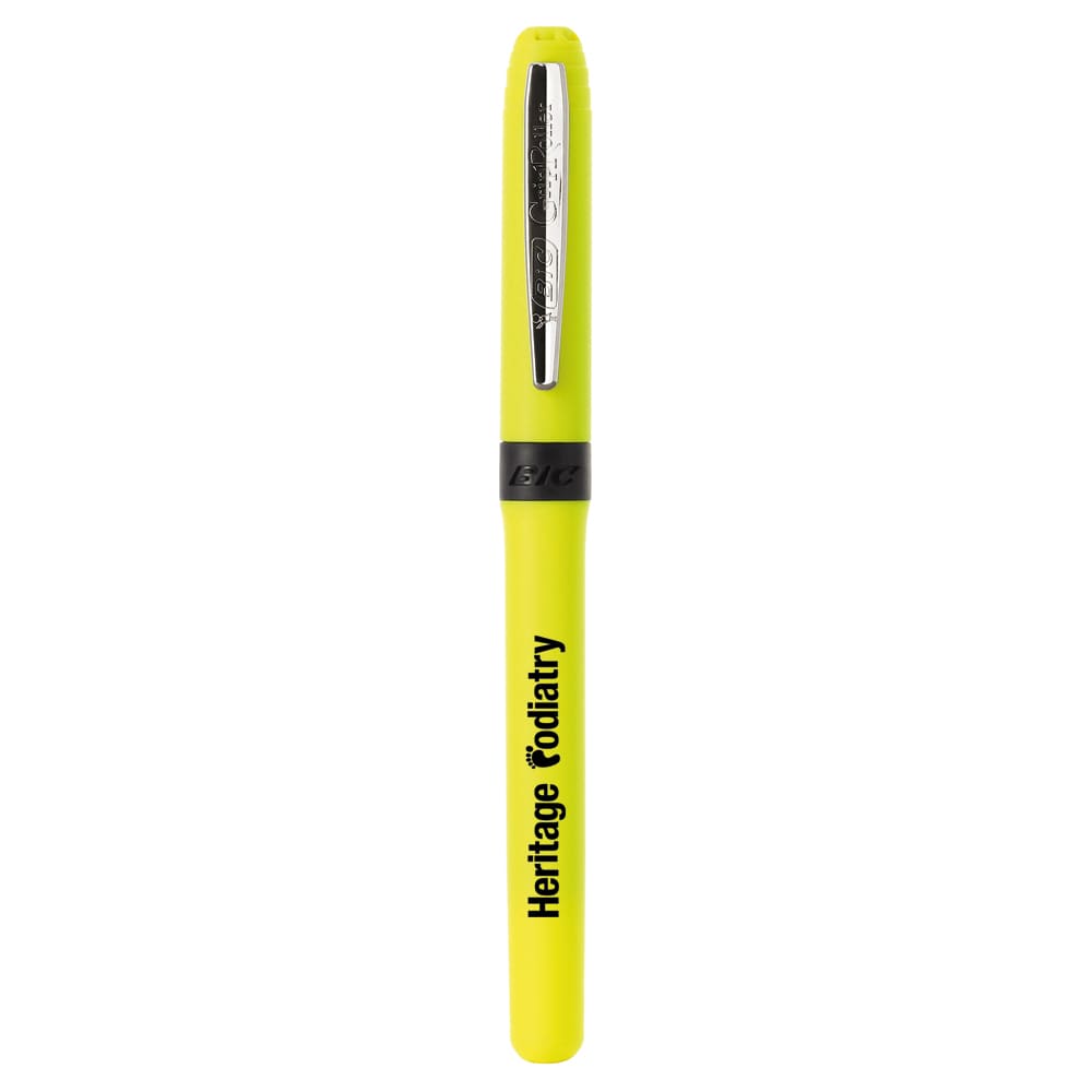 A bright yellow pen with a black grip and branding on the barrel, featuring a sleek silver clip.