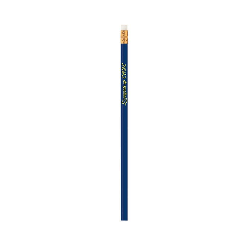 A blue pencil with a white eraser and gold detailing, featuring a logo on the barrel.