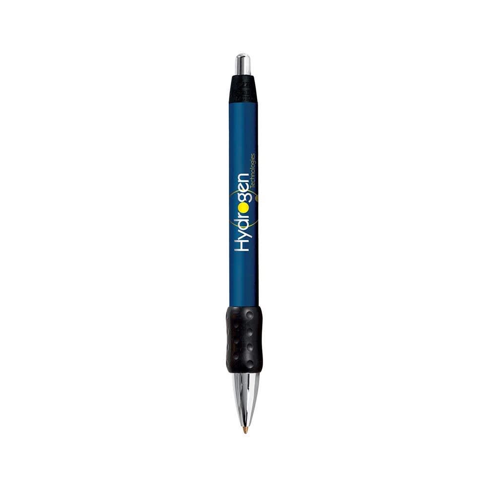 A metal pen with a wide body and chrome grip, featuring a blue barrel and black rubber grip. It includes a logo.