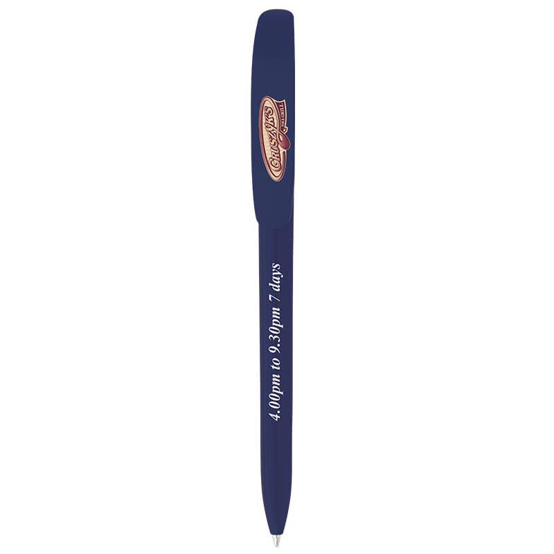 A navy blue Bic Super Clip pen with a logo. The pen features a clip for easy attachment.
