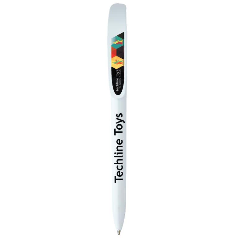 A white pen with a logo, featuring a sleek design and a clip for easy attachment.