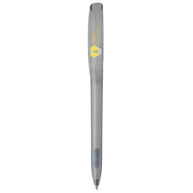 A grey plastic pen with a transparent barrel and a logo on the side.
