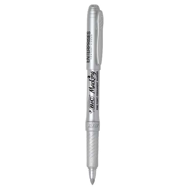A metallic silver permanent marker featuring a textured grip and a logo on the barrel.
