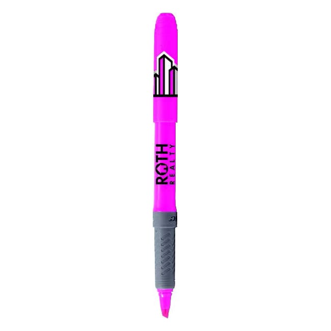 A pink highlighter with a grey grip and a branding logo on the barrel.