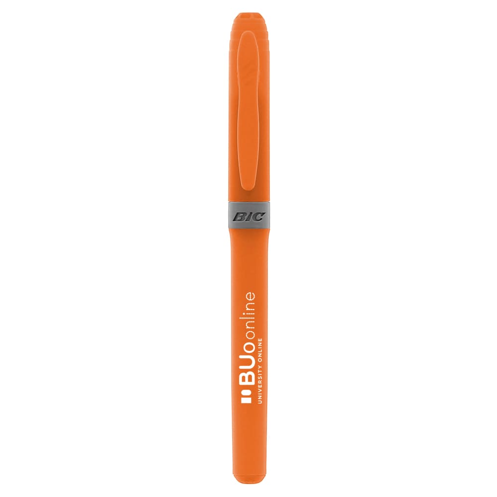 An orange highlighter with a grey band and branding. It features a capped design with a smooth barrel.