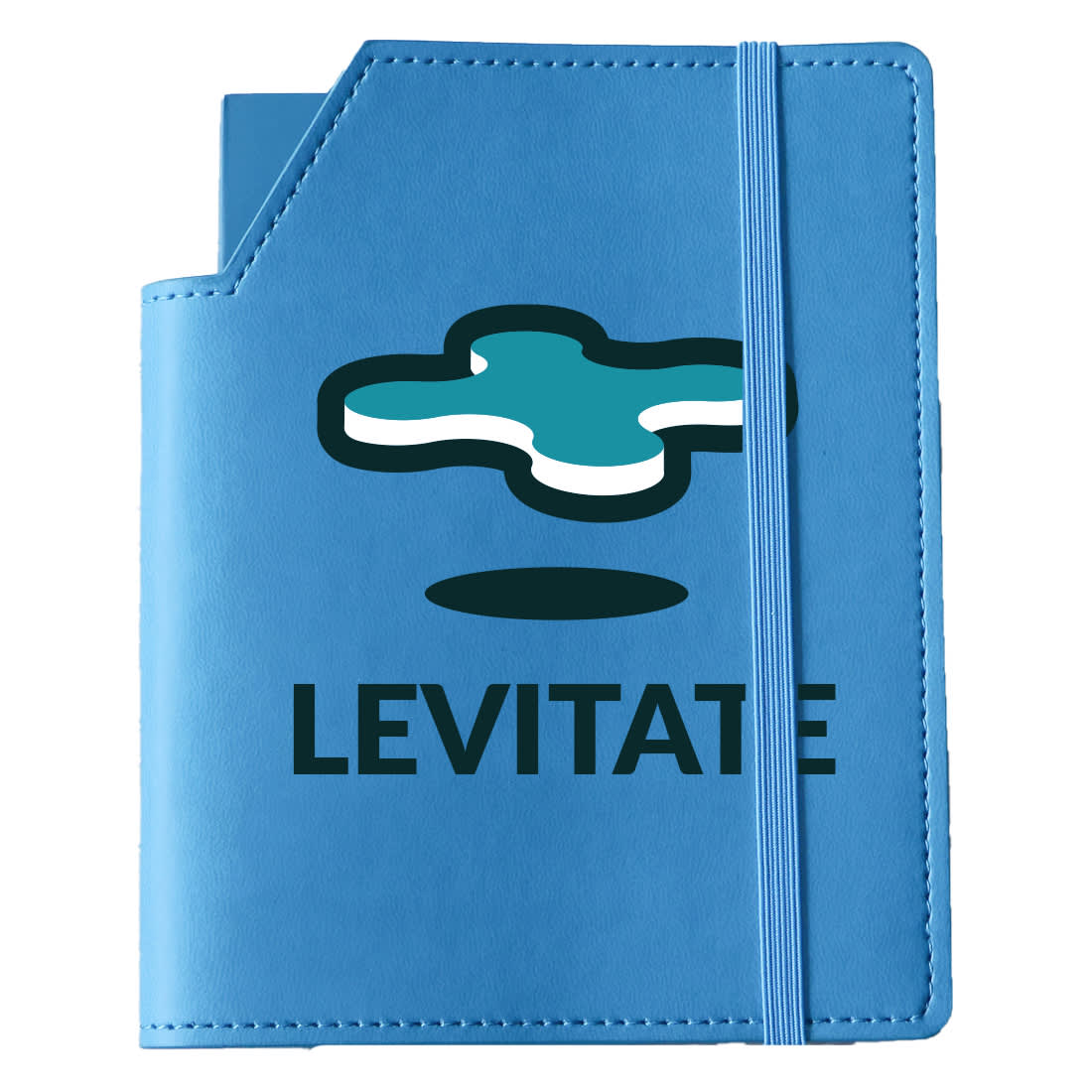 A blue leatherette cover with an elastic band and a logo featuring a stylised fidget spinner design.