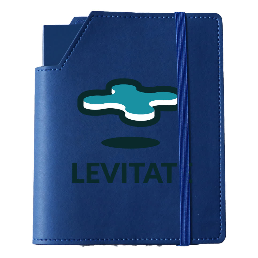 A blue leatherette notebook cover with an elastic band and a logo on the front.