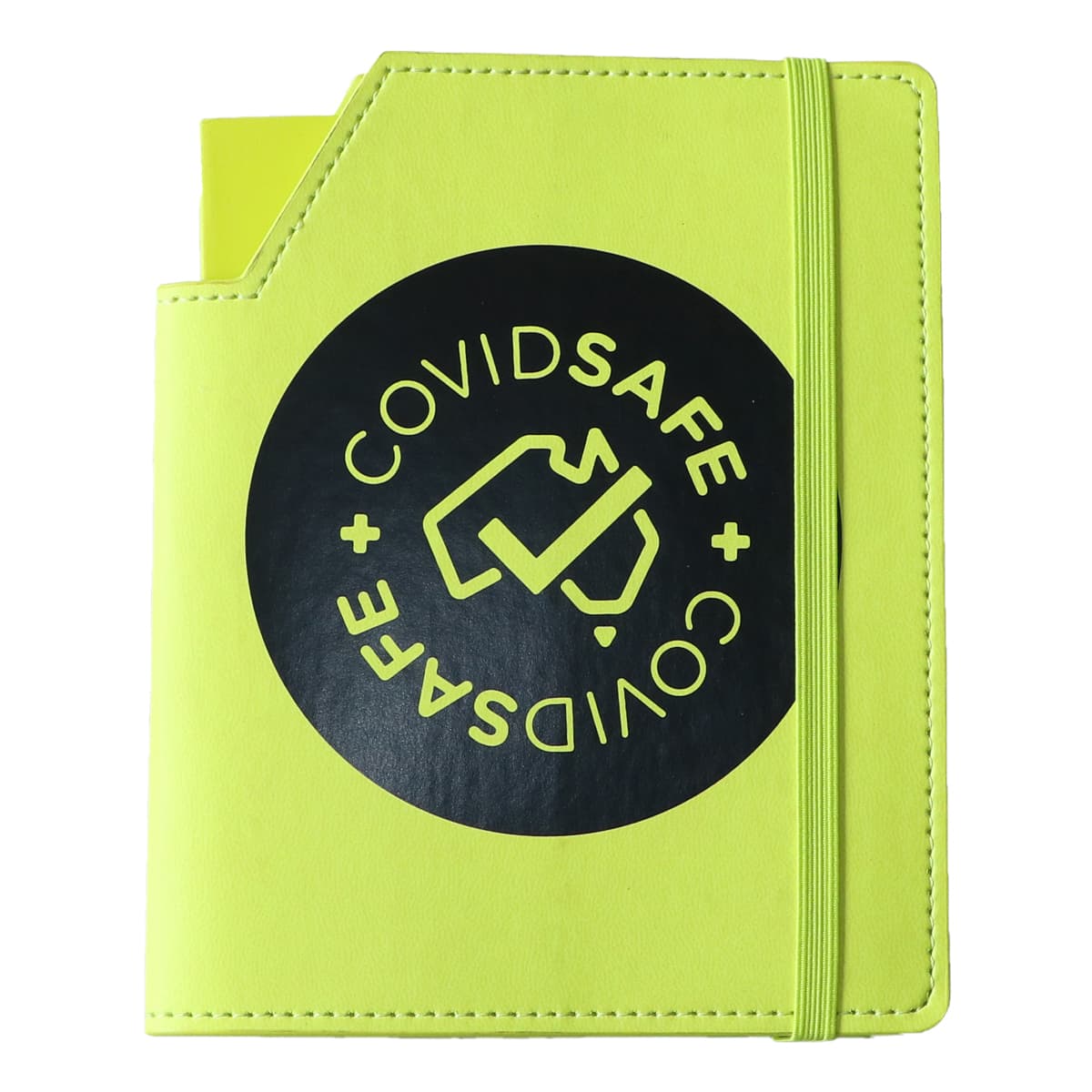 A lime green leatherette cover with an elastic band and a circular logo on the front. Includes a notebook inside.