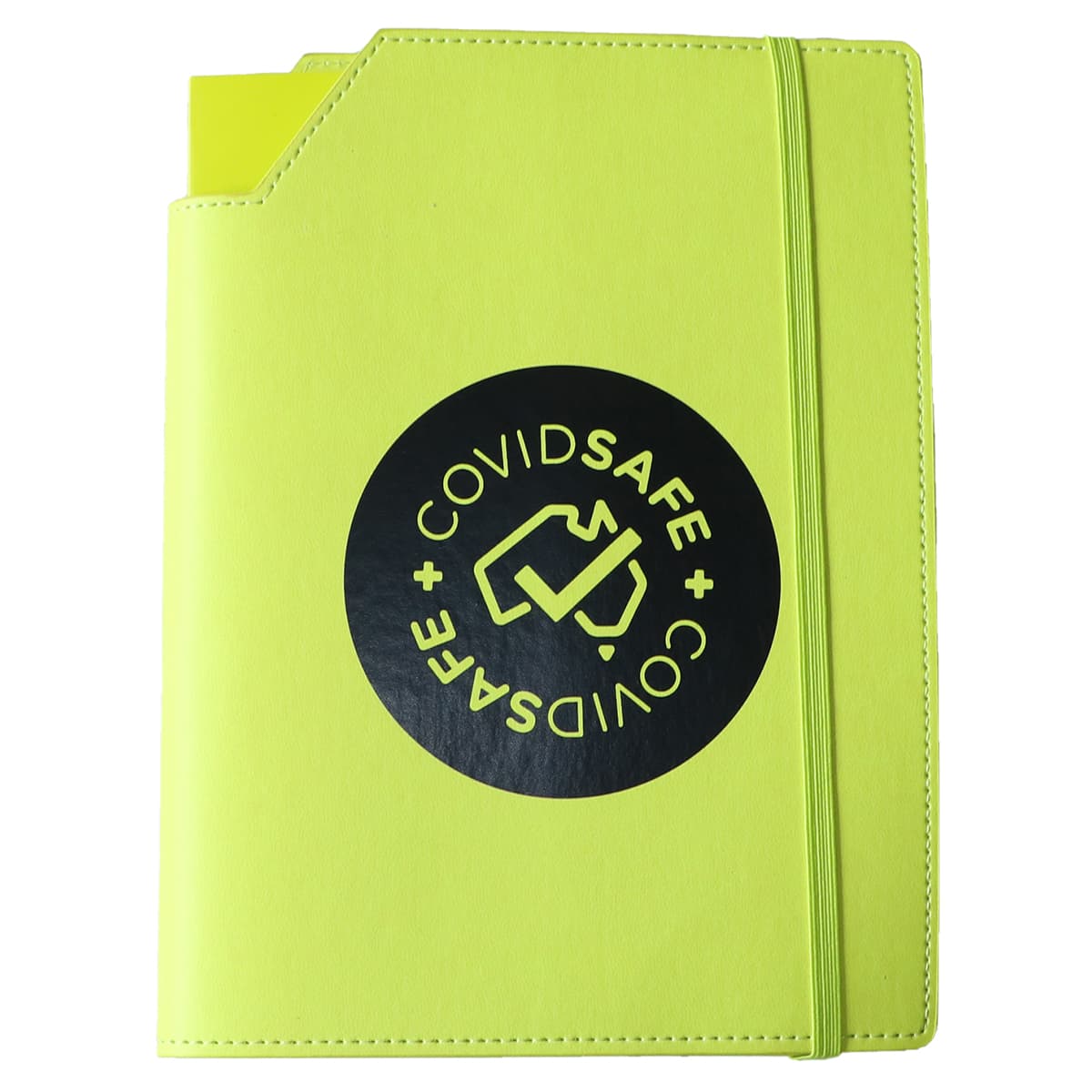A large, bright yellow leatherette notebook cover with an elastic band and a circular logo on the front.