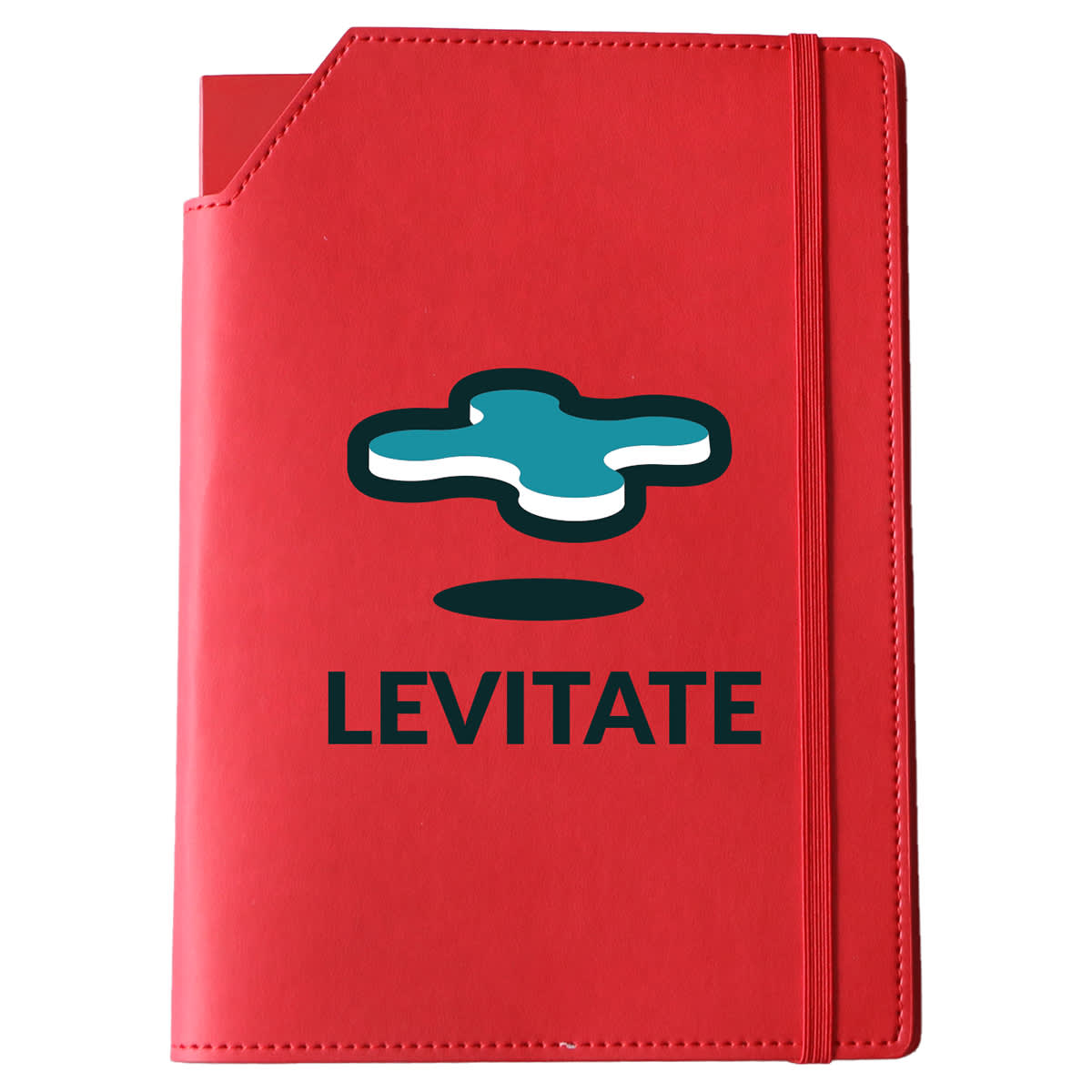 A red leatherette notebook cover featuring a logo and an elastic band closure.