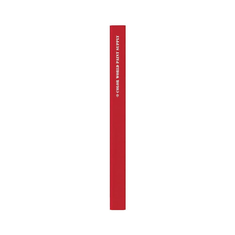 A red branded carpenter pencil with a rectangular shape and a logo on the side.