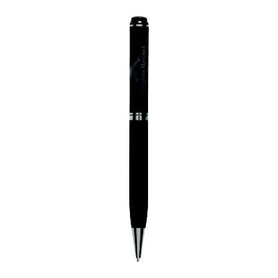 A black metal twist pen with a sleek design and a logo on its body.