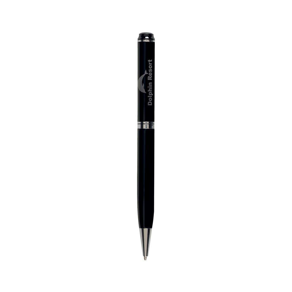 A sleek black metal twist pen featuring a logo, ideal for writing elegantly.
