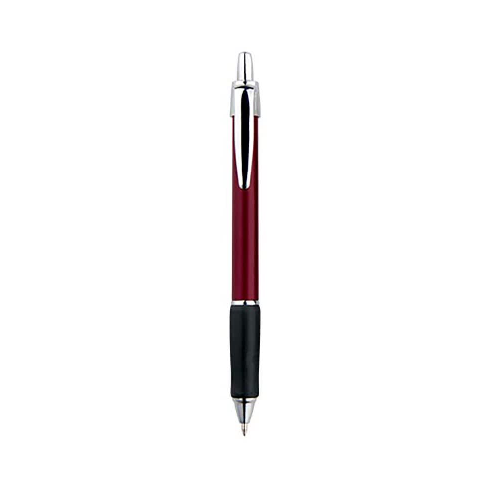 A metallic VIP pen in burgundy and black with a chrome tip, featuring branding.