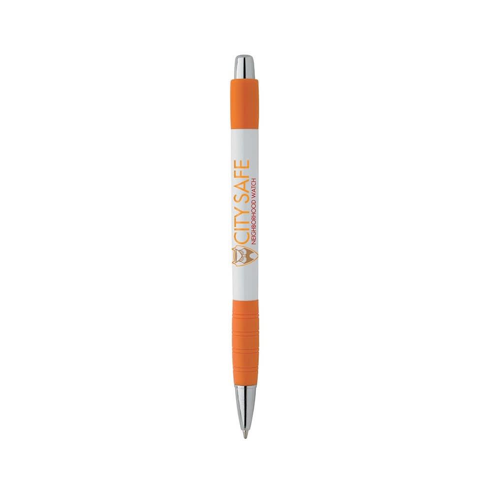 A white pen with orange accents and a textured grip. It features a logo on the barrel.