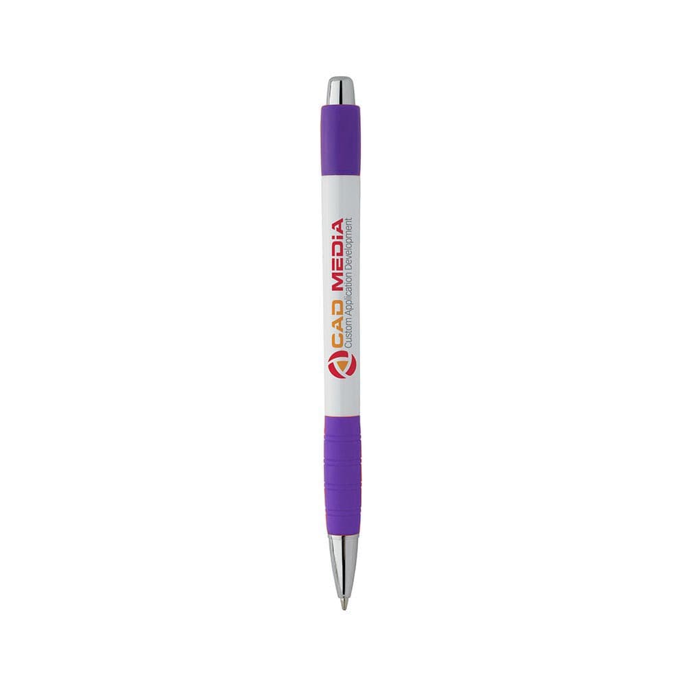 A white pen with a purple grip and silver accents, featuring a logo on the barrel.