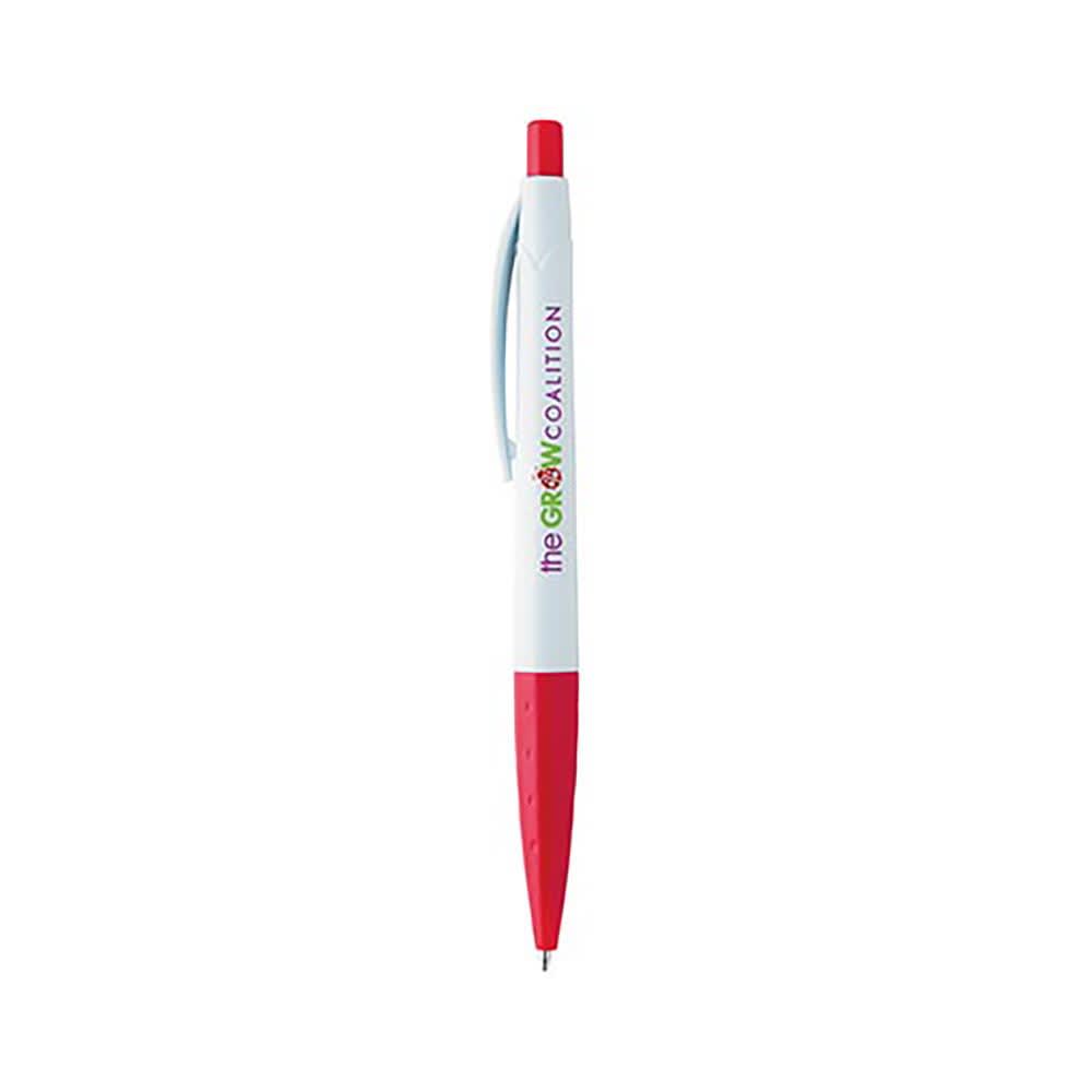 A plastic pen with a white barrel and red grip, featuring a logo.