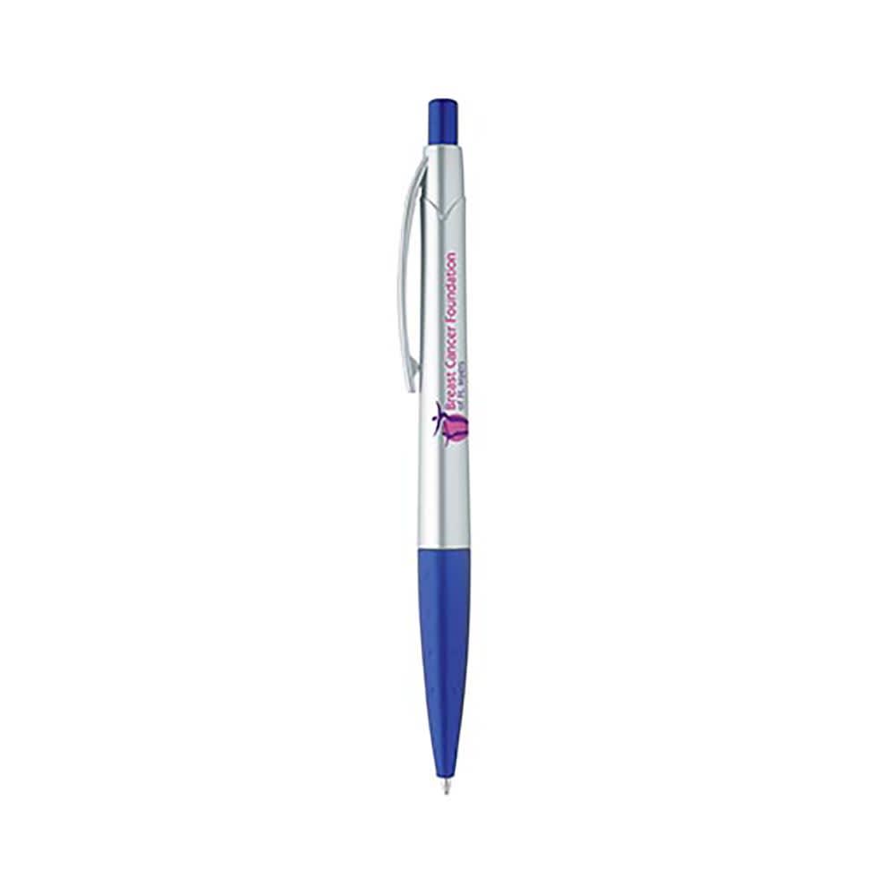 A silver plastic pen with a blue tip and clip, featuring a branding logo.