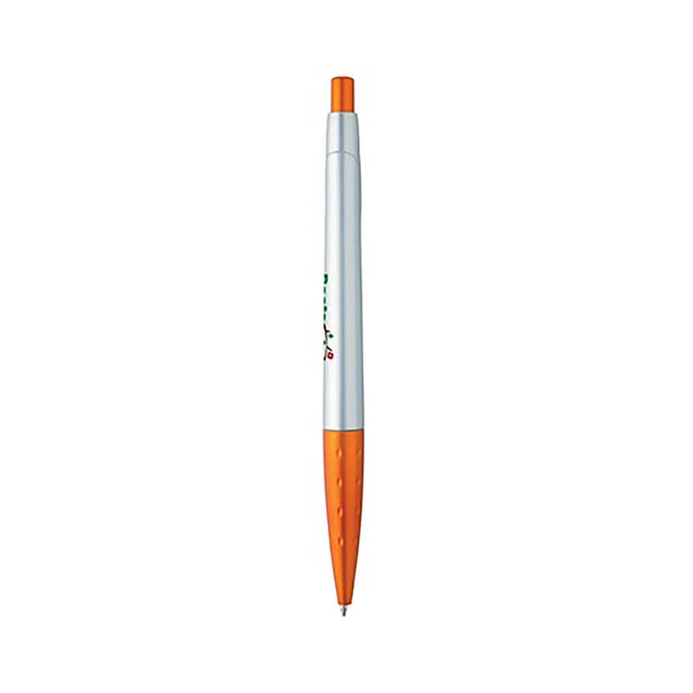 A silver plastic pen with an orange cap and grip, featuring a logo on the side.