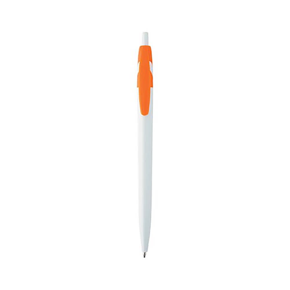 A plastic pen in white with an orange grip, featuring a logo on its body.