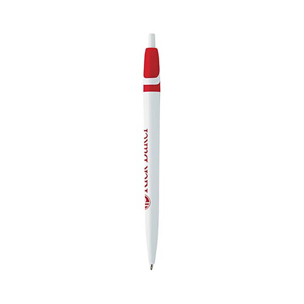 A plastic pen in white with red accents and a logo. It features a click mechanism for writing.