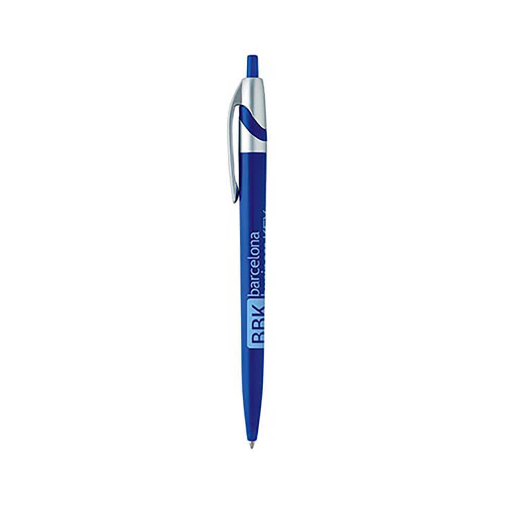 A green plastic pen with a silver clip and tip, featuring a logo on its body.