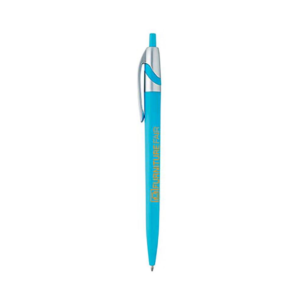 An orange plastic pen with a silver clip and a smooth design, featuring a logo on its barrel.
