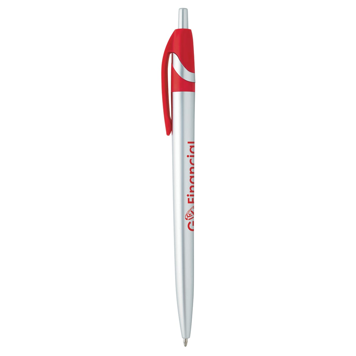 A metal pen featuring a silver barrel and a red clip. It includes a logo on the barrel.