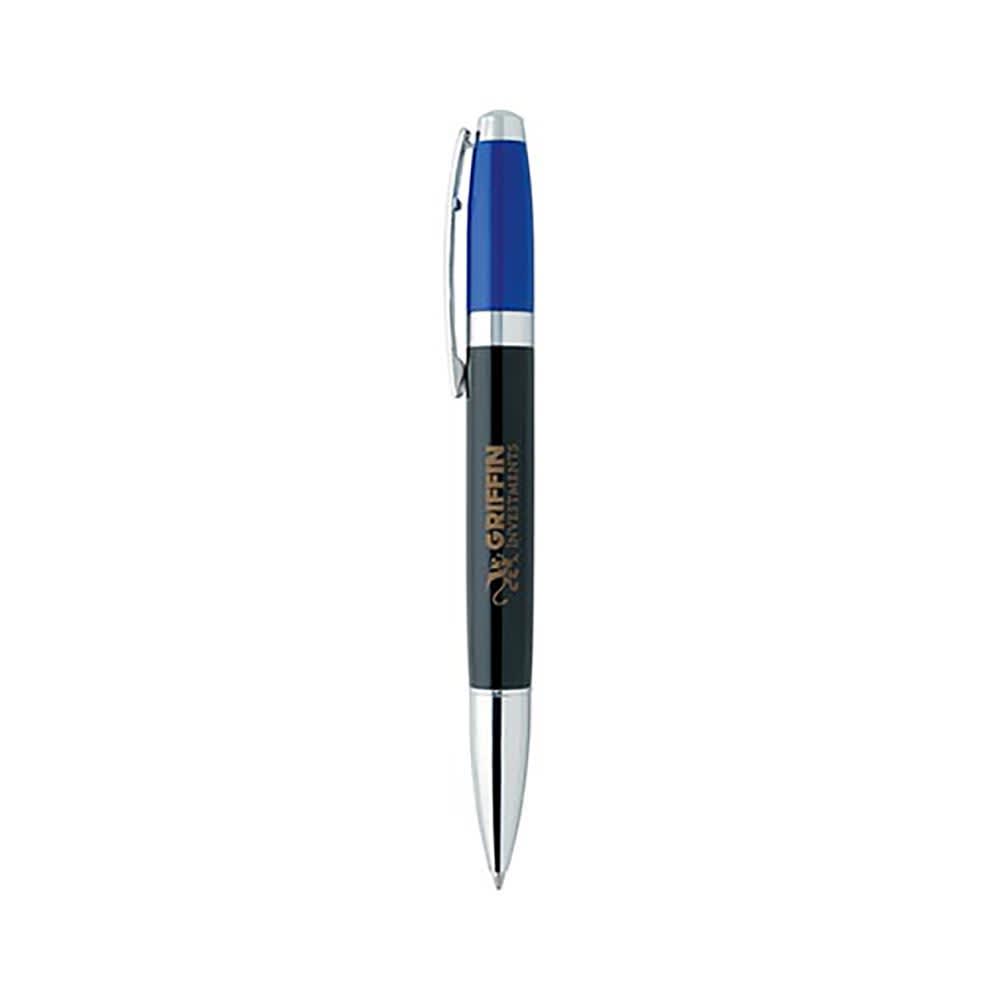 A black and blue multi-colour twist pen with a silver clip and branding on the barrel.
