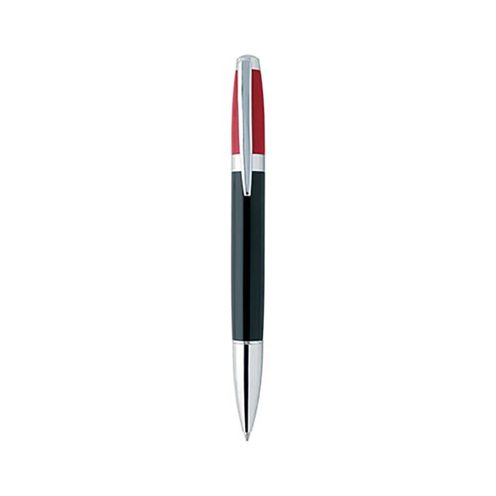 A multi-colour twist pen featuring a black body with red accents and a silver clip. It has a sleek design and a logo.