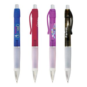 Four pens in various colours: blue, pink, purple, and brown, each with a transparent barrel and a branding logo.
