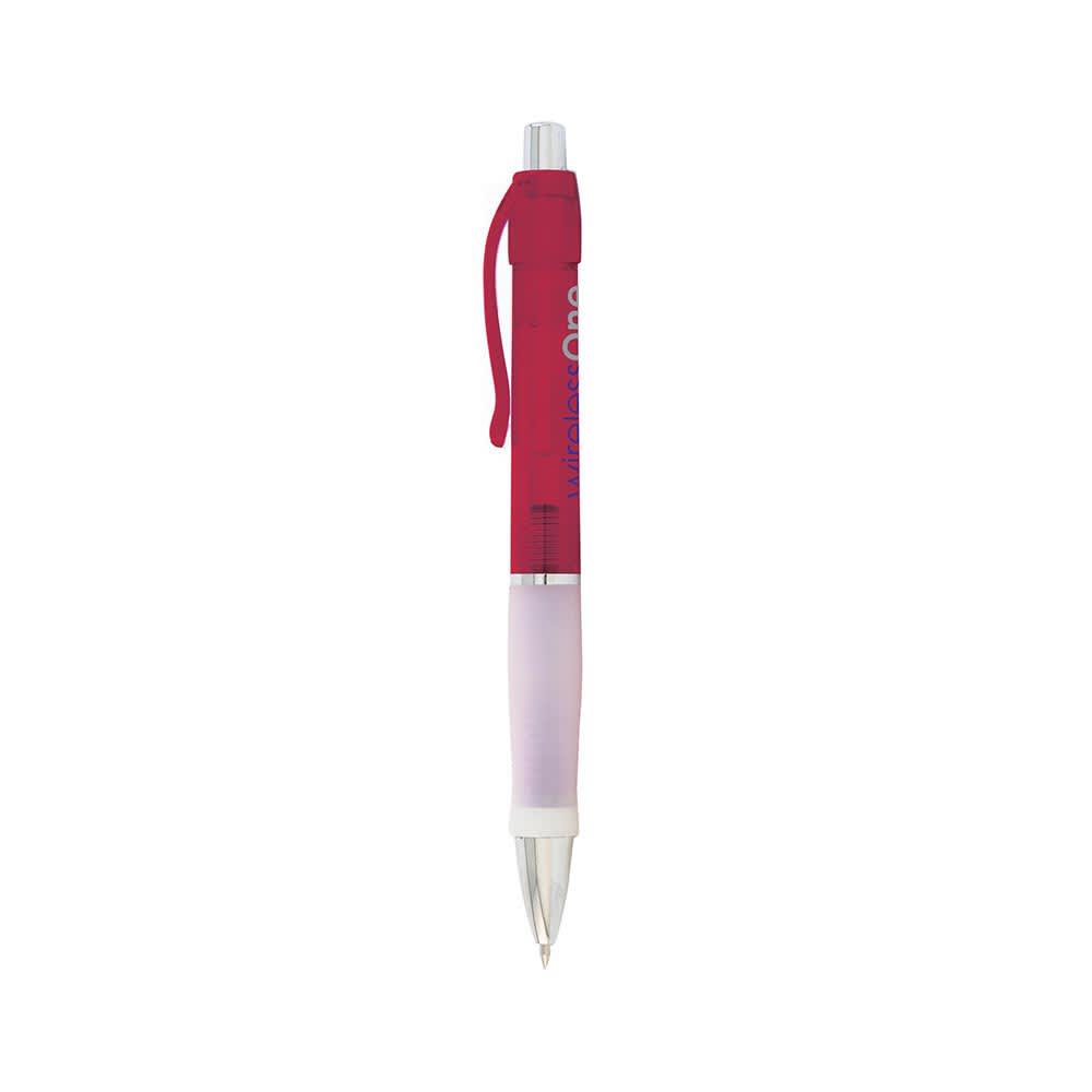 A red pen with a transparent grip and a clip, featuring a logo on its body.