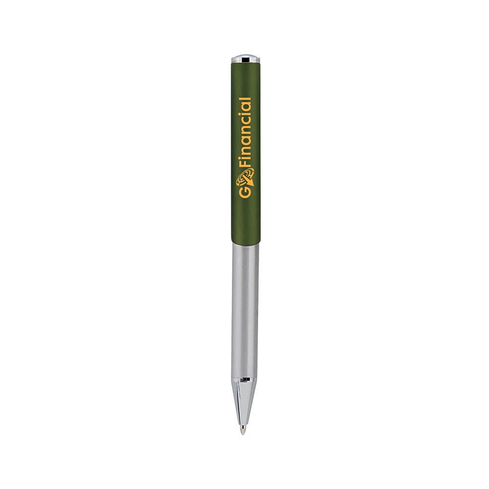 A slim metal pen with a green body and silver accents, featuring a logo on the side.