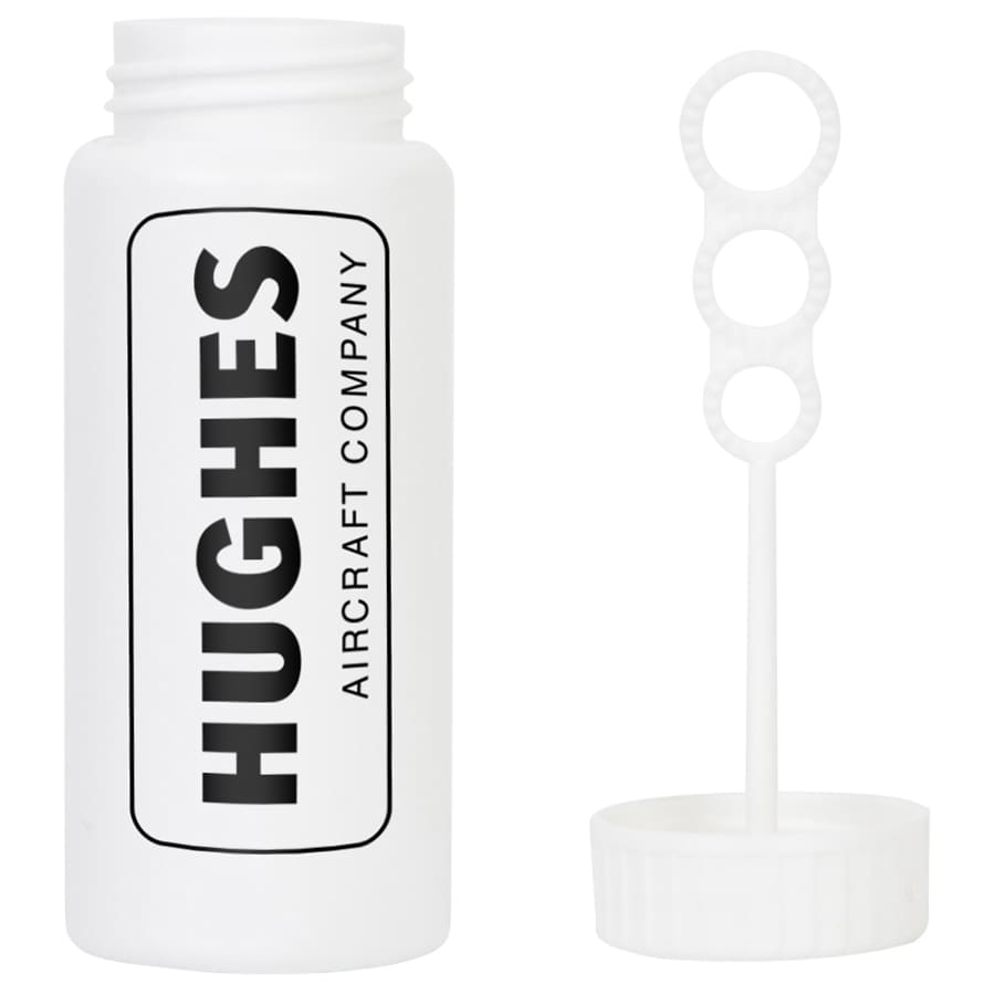A white bottle of Miracle Bubbles with a bubble wand attached, featuring a logo on the front.