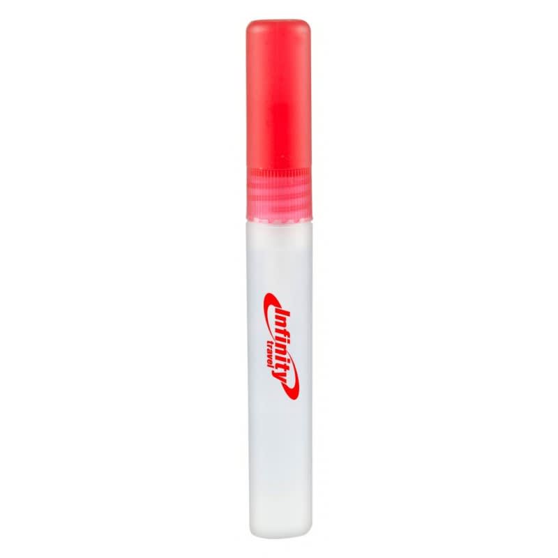 A 10ml sanitiser spray bottle with a clear body and a red cap, featuring a logo on the side.