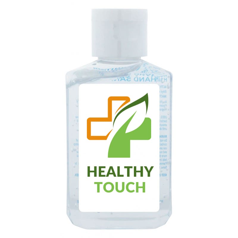 A clear 60ml hand sanitiser gel bottle with a white cap and a logo on the front. Contains 75% ethyl-alcohol.