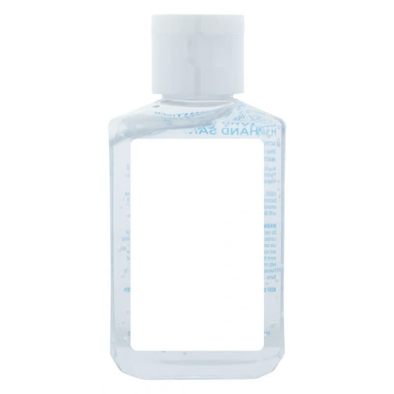 A transparent 60ml hand sanitiser gel bottle with a white cap, containing 75% ethyl-alcohol.