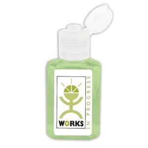 A small, clear bottle of green hand sanitiser gel containing 75% ethyl-alcohol and featuring a logo.