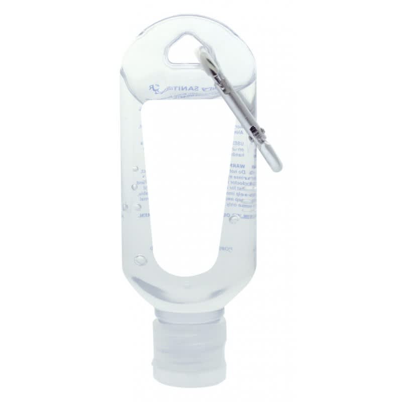 A clear 60mL hand sanitiser bottle with a carabiner attached, featuring a textured grip and a small opening at the bottom.
