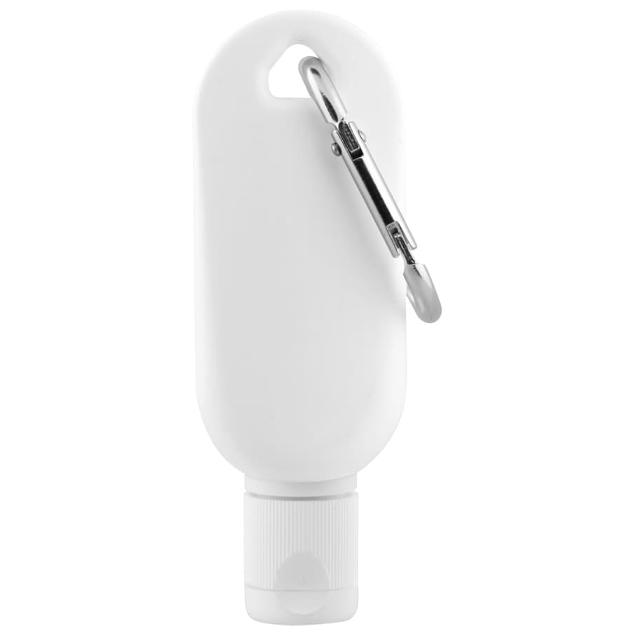 A white 50mL sunscreen bottle with a clip attached for easy carrying. It features a smooth, rounded design.