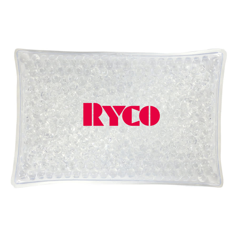 A clear cooling pack filled with small beads, featuring a logo in bold pink.