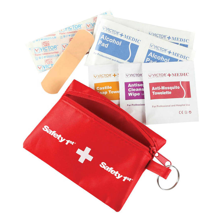 A red zippered pouch containing an alcohol pad, bandage, antiseptic wipe, castile soap towel, and anti-mosquito towelette.
